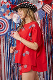 LC626294-P3-S, LC626294-P3-M, LC626294-P3-L, LC626294-P3-XL, Fiery Red American Flag Sequin Graphic Loose Top and Short Set