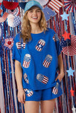 LC626294-P205-S, LC626294-P205-M, LC626294-P205-L, LC626294-P205-XL, Sky Blue American Flag Sequin Graphic Loose Top and Short Set