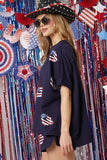 LC626294-P605-S, LC626294-P605-M, LC626294-P605-L, LC626294-P605-XL, Navy Blue American Flag Sequin Graphic Loose Top and Short Set