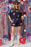 LC626294-P605-S, LC626294-P605-M, LC626294-P605-L, LC626294-P605-XL, Navy Blue American Flag Sequin Graphic Loose Top and Short Set