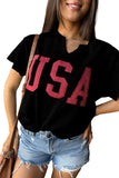 LC25225460-P2-S, LC25225460-P2-M, LC25225460-P2-L, LC25225460-P2-XL, Black USA Lettering Patch Notched Neck Loose Tee