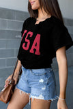 LC25225460-P2-S, LC25225460-P2-M, LC25225460-P2-L, LC25225460-P2-XL, Black USA Lettering Patch Notched Neck Loose Tee