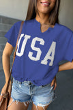 LC25225460-P5-S, LC25225460-P5-M, LC25225460-P5-L, LC25225460-P5-XL, Dark Blue USA Lettering Patch Notched Neck Loose Tee