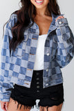 LC788573-P4-S, LC788573-P4-M, LC788573-P4-L, LC788573-P4-XL, LC788573-P4-2XL, Light Blue Checkered Patchwork Button up Denim Jacket
