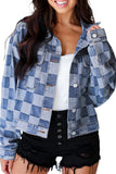 LC788573-P4-S, LC788573-P4-M, LC788573-P4-L, LC788573-P4-XL, LC788573-P4-2XL, Light Blue Checkered Patchwork Button up Denim Jacket