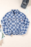 LC788573-P4-S, LC788573-P4-M, LC788573-P4-L, LC788573-P4-XL, LC788573-P4-2XL, Light Blue Checkered Patchwork Button up Denim Jacket