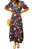 LC6119372-P222-S, LC6119372-P222-M, LC6119372-P222-L, LC6119372-P222-XL, Black Retro Floral Printed Split Neck Maxi Dress