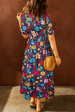 LC6119372-P922-S, LC6119372-P922-M, LC6119372-P922-L, LC6119372-P922-XL, Green Retro Floral Printed Split Neck Maxi Dress