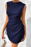 LC6118711-P605-S, LC6118711-P605-M, LC6118711-P605-L, LC6118711-P605-XL, LC6118711-P605-2XL, Navy Blue Drawstring Side Solid Tank Dress