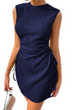 LC6118711-P605-S, LC6118711-P605-M, LC6118711-P605-L, LC6118711-P605-XL, LC6118711-P605-2XL, Navy Blue Drawstring Side Solid Tank Dress