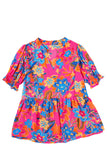 LC25126437-P20620-S, LC25126437-P20620-M, LC25126437-P20620-L, LC25126437-P20620-XL, Rose Abstract Print Smocked Puff Sleeve V Neck Blouse
