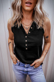 LC25611484-P2-S, LC25611484-P2-M, LC25611484-P2-XL, LC25611484-P2-L, Black Half Button V Neck Patched Pocket Tank Top
