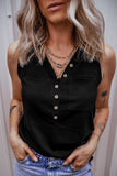 LC25611484-P2-S, LC25611484-P2-M, LC25611484-P2-XL, LC25611484-P2-L, Black Half Button V Neck Patched Pocket Tank Top