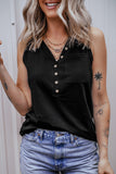 LC25611484-P2-S, LC25611484-P2-M, LC25611484-P2-XL, LC25611484-P2-L, Black Half Button V Neck Patched Pocket Tank Top