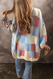 LC2711769-P422-S, LC2711769-P422-M, LC2711769-P422-L, LC2711769-P422-XL, Light Blue Checkered Drop Shoulder Exposed Seam Open Front Cardigan