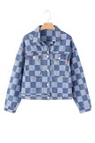 LC788573-P4-S, LC788573-P4-M, LC788573-P4-L, LC788573-P4-XL, LC788573-P4-2XL, Light Blue Checkered Patchwork Button up Denim Jacket