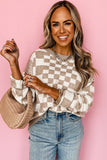 LC2724831-P1622-S, LC2724831-P1622-M, LC2724831-P1622-L, LC2724831-P1622-XL, Khaki Checkered Print Drop Shoulder Round Neck Sweater