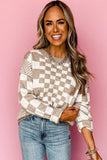 LC2724831-P1622-S, LC2724831-P1622-M, LC2724831-P1622-L, LC2724831-P1622-XL, Khaki Checkered Print Drop Shoulder Round Neck Sweater