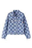 LC788573-P4-S, LC788573-P4-M, LC788573-P4-L, LC788573-P4-XL, LC788573-P4-2XL, Light Blue Checkered Patchwork Button up Denim Jacket