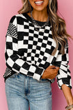 LC2724831-P222-S, LC2724831-P222-M, LC2724831-P222-L, LC2724831-P222-XL, Black Checkered Print Drop Shoulder Round Neck Sweater