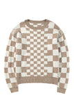 LC2724831-P1622-S, LC2724831-P1622-M, LC2724831-P1622-L, LC2724831-P1622-XL, Khaki Checkered Print Drop Shoulder Round Neck Sweater