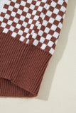 LC2724831-P1722-S, LC2724831-P1722-M, LC2724831-P1722-L, LC2724831-P1722-XL, Brown Checkered Print Drop Shoulder Round Neck Sweater