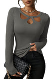 Pink Queen Women's Long Sleeve Cutout Keyhole Neck Top Ribbed Knit Shirts