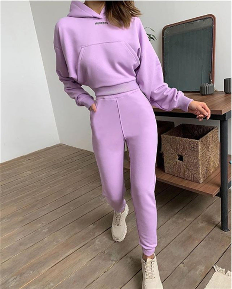 Hooded Crop Top And Joggers 2 Piece Outfits For Women