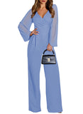 Pink Queen Elegant Jumpsuits for Women Dressy Patchwork Chiffon Sleeve V Neck Wide Leg Romper Holiday Party Outfits