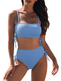 Pink Queen Women's 2 Piece High Waisted Bikini Sets Ribbed Bandeau Ruched Drawstring Swimsuit Bathing Suit