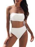 Pink Queen Women's 2 Piece High Waisted Bikini Sets Ribbed Bandeau Ruched Drawstring Swimsuit Bathing Suit