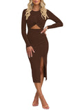 Pink Queen Women's Crew Neck Long Sleeve Midi Dress Cutout Twist Front Bodycon Slit Pencil Ribbed Knit Fall Dresses