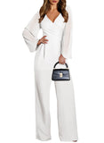Pink Queen Elegant Jumpsuits for Women Dressy Patchwork Chiffon Sleeve V Neck Wide Leg Romper Holiday Party Outfits