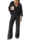 Pink Queen Women's 2 Piece Sweater Set V Neck Long Sleeve Knit Top Wide Leg Pants Loungewear Fall Winter Pajama Casual Outfit