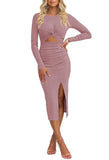 Pink Queen Women's Crew Neck Long Sleeve Midi Dress Cutout Twist Front Bodycon Slit Pencil Ribbed Knit Fall Dresses