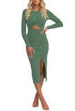 Pink Queen Women's Crew Neck Long Sleeve Midi Dress Cutout Twist Front Bodycon Slit Pencil Ribbed Knit Fall Dresses