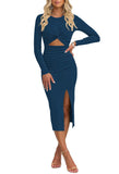 Pink Queen Women's Crew Neck Long Sleeve Midi Dress Cutout Twist Front Bodycon Slit Pencil Ribbed Knit Fall Dresses