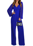 Pink Queen Elegant Jumpsuits for Women Dressy Patchwork Chiffon Sleeve V Neck Wide Leg Romper Holiday Party Outfits