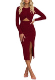 Pink Queen Women's Crew Neck Long Sleeve Midi Dress Cutout Twist Front Bodycon Slit Pencil Ribbed Knit Fall Dresses