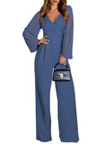 Pink Queen Elegant Jumpsuits for Women Dressy Patchwork Chiffon Sleeve V Neck Wide Leg Romper Holiday Party Outfits
