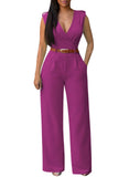 Pink Queen Jumpsuits for Women Dressy V Neck Sleeveless Wide Leg Long Pant Rompers Business Casual Outfits