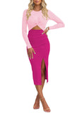 Pink Queen Women's Crew Neck Long Sleeve Midi Dress Cutout Twist Front Bodycon Slit Pencil Ribbed Knit Fall Dresses