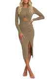 Pink Queen Women's Crew Neck Long Sleeve Midi Dress Cutout Twist Front Bodycon Slit Pencil Ribbed Knit Fall Dresses