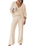 Pink Queen Women's 2 Piece Sweater Set V Neck Long Sleeve Knit Top Wide Leg Pants Loungewear Fall Winter Pajama Casual Outfit