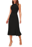 Pink Queen Women's Sleeveless Midi Dresses High Waisted Pleated Ribbed Knit Swing Long Dresses Casual Party Outfits
