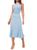 Pink Queen Women's Sleeveless Midi Dresses High Waisted Pleated Ribbed Knit Swing Long Dresses Casual Party Outfits