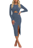 Pink Queen Women's Crew Neck Long Sleeve Midi Dress Cutout Twist Front Bodycon Slit Pencil Ribbed Knit Fall Dresses