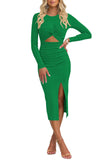 Pink Queen Women's Crew Neck Long Sleeve Midi Dress Cutout Twist Front Bodycon Slit Pencil Ribbed Knit Fall Dresses