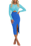 Pink Queen Women's Crew Neck Long Sleeve Midi Dress Cutout Twist Front Bodycon Slit Pencil Ribbed Knit Fall Dresses