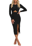 Pink Queen Women's Crew Neck Long Sleeve Midi Dress Cutout Twist Front Bodycon Slit Pencil Ribbed Knit Fall Dresses